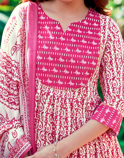 Pink Printed Cotton Flared Kurta Set With Dupatta