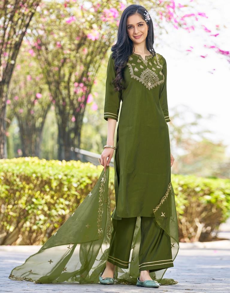 Green Silk Printed Kurta Set With Dupatta