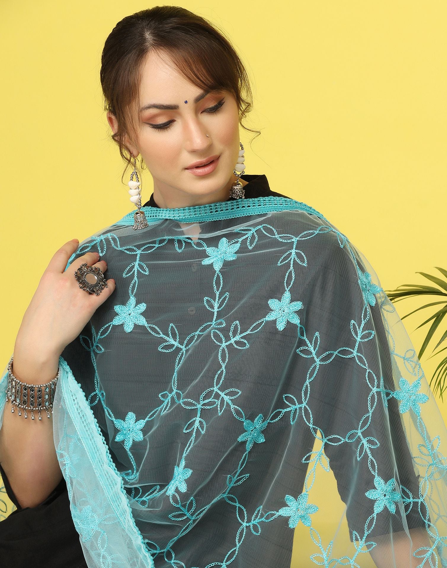 Sky Blue Net Embroidery Dupatta | Leemboodi