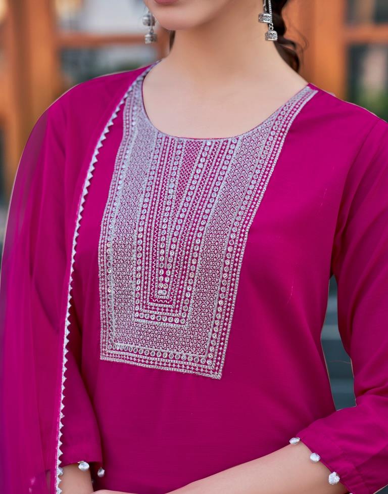 Pink Cotton Embroidery Straight Kurta Set With Dupatta