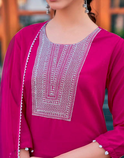 Pink Cotton Embroidery Straight Kurta Set With Dupatta