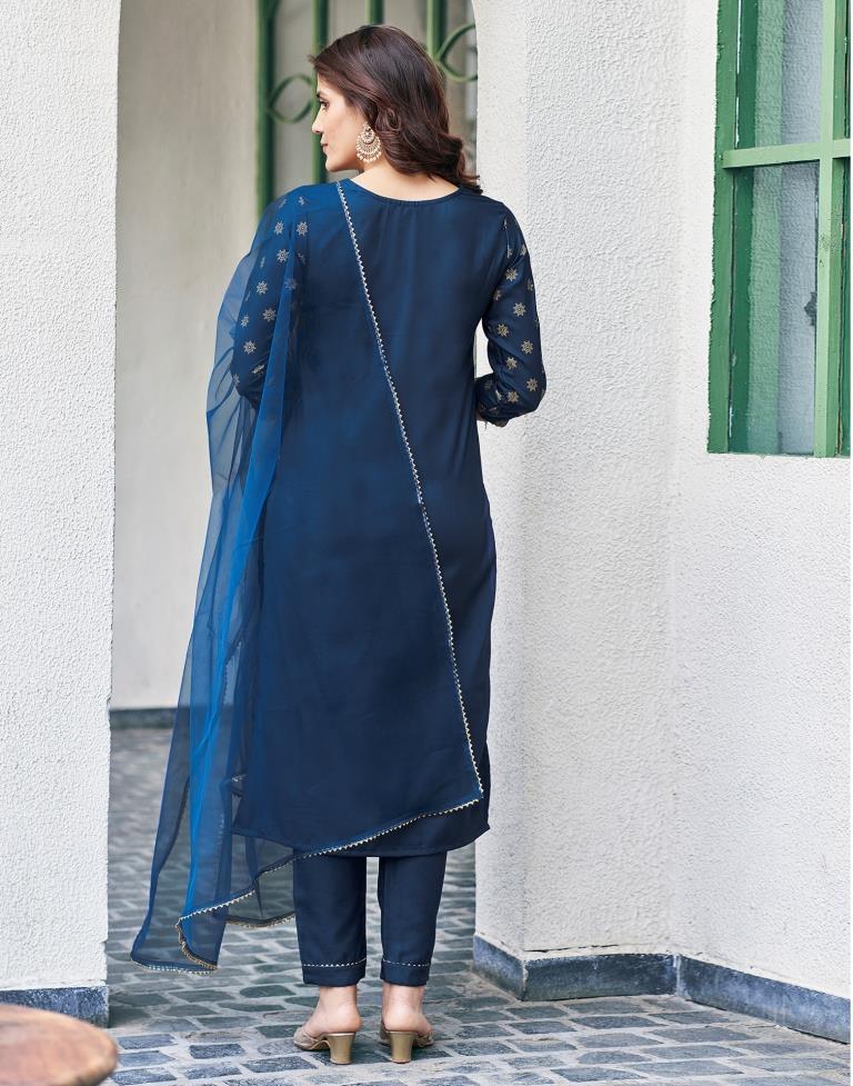 Dark Blue Cotton Embroidery Straight Kurta Set With Dupatta