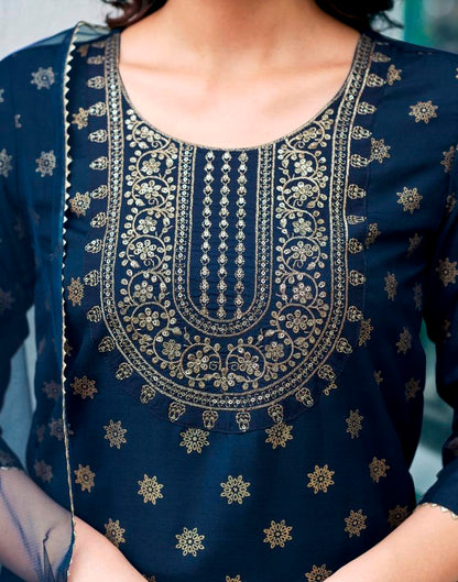 Dark Blue Cotton Embroidery Straight Kurta Set With Dupatta