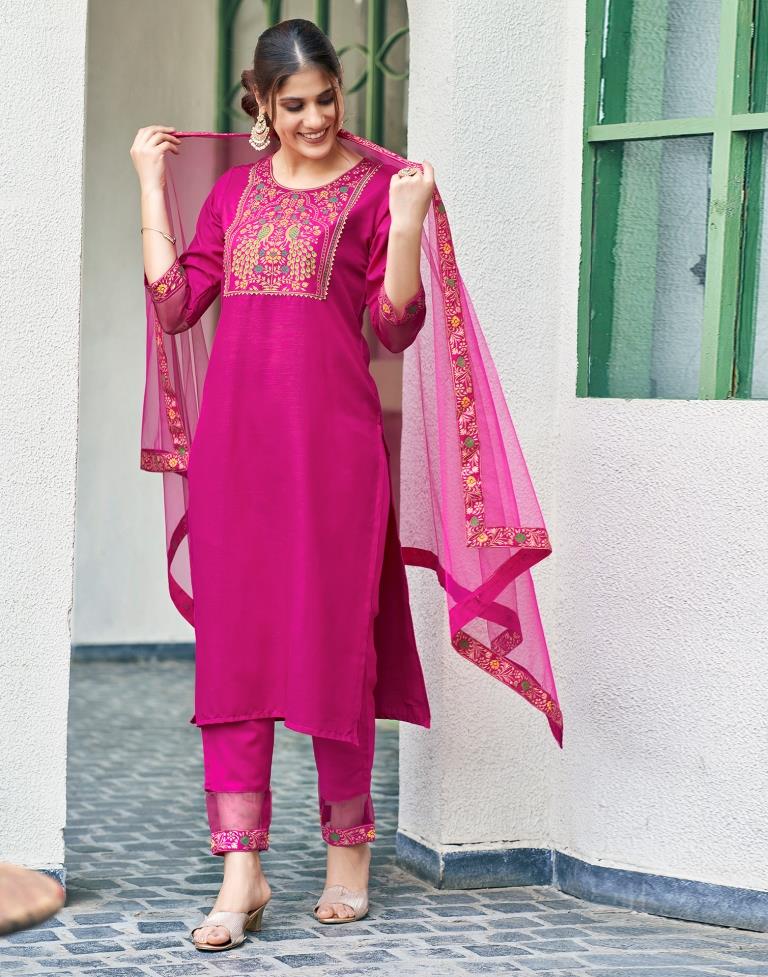 Pink Cotton Printed Straight Kurta Set With Dupatta