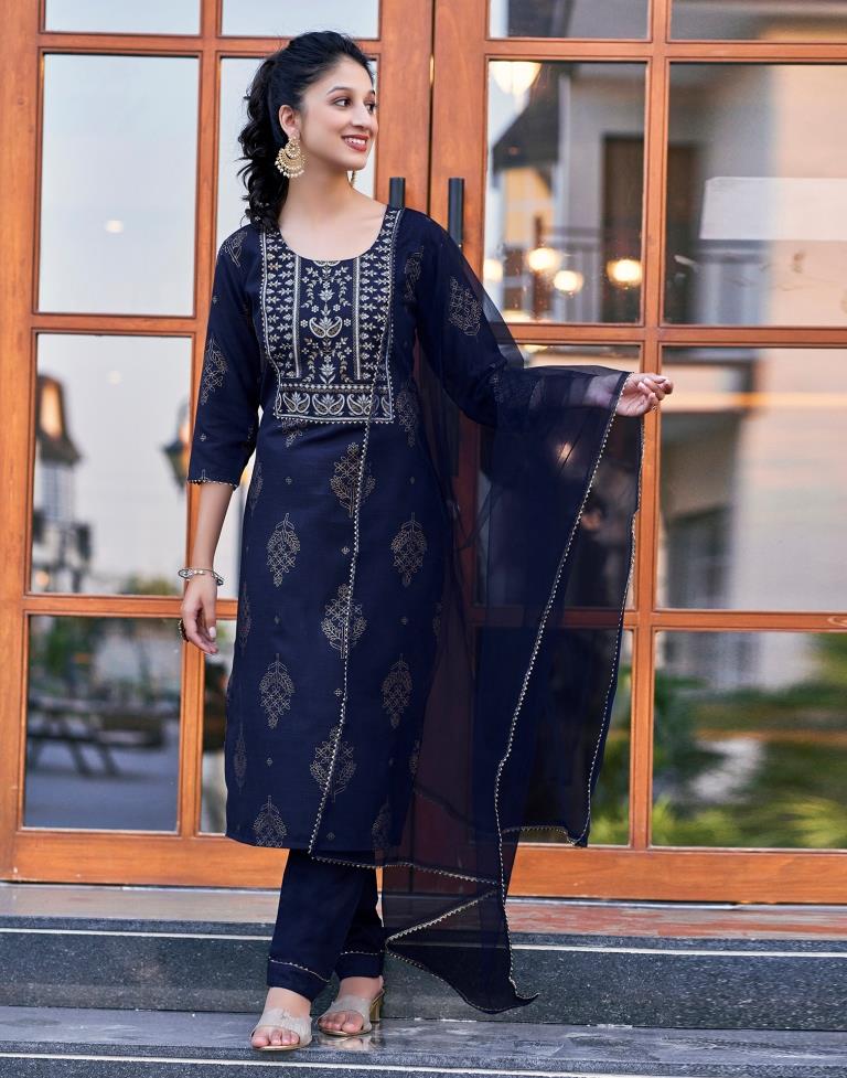 Navy Blue Cotton Printed Straight Kurta Set With Dupatta