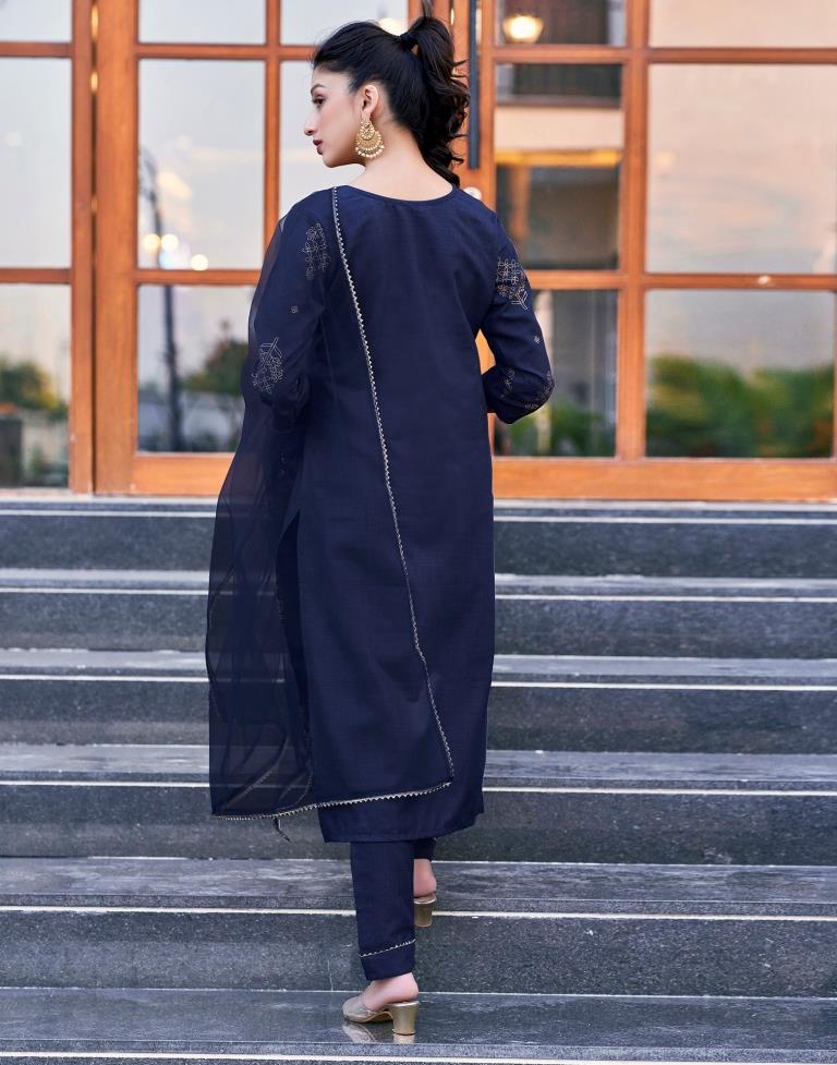 Navy Blue Cotton Printed Straight Kurta Set With Dupatta