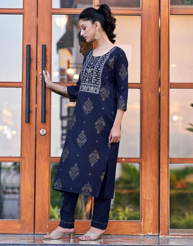 Navy Blue Cotton Printed Straight Kurta Set With Dupatta