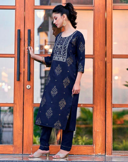 Navy Blue Cotton Printed Straight Kurta Set With Dupatta