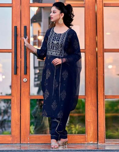 Navy Blue Cotton Printed Straight Kurta Set With Dupatta