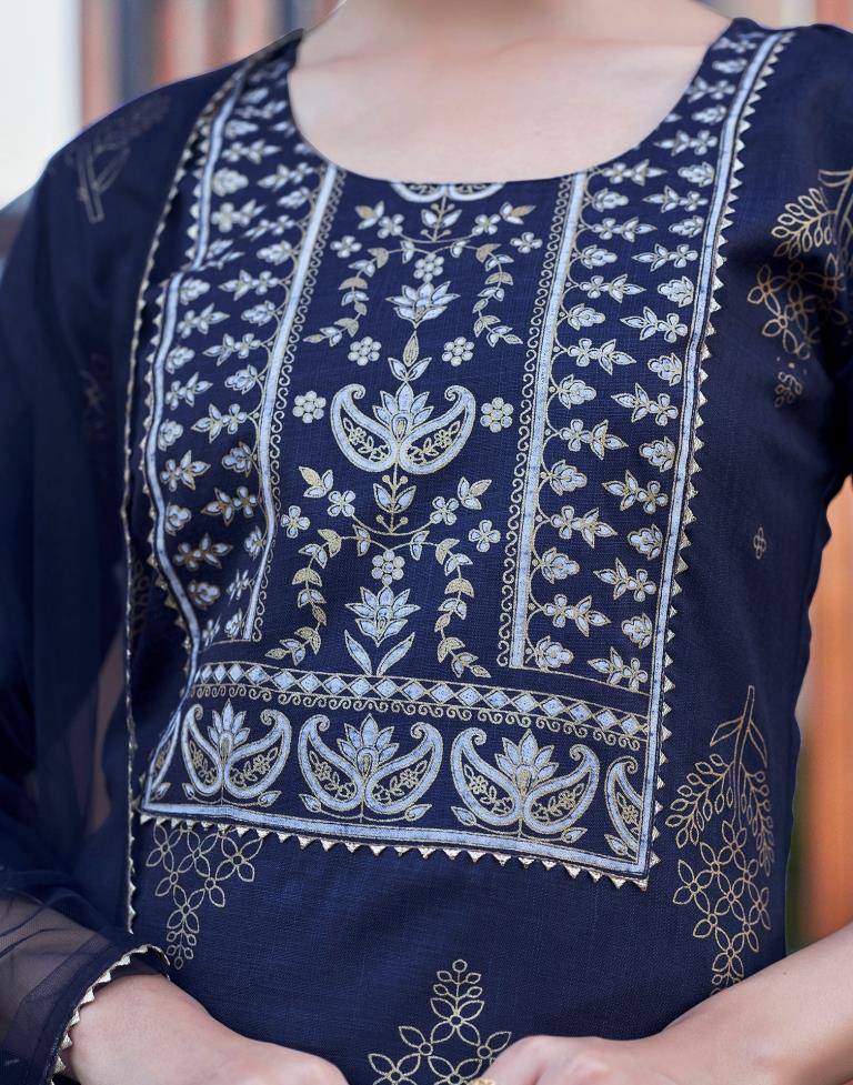 Navy Blue Cotton Printed Straight Kurta Set With Dupatta