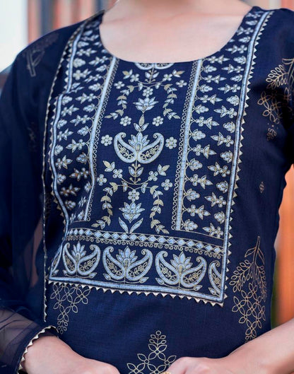 Navy Blue Cotton Printed Straight Kurta Set With Dupatta