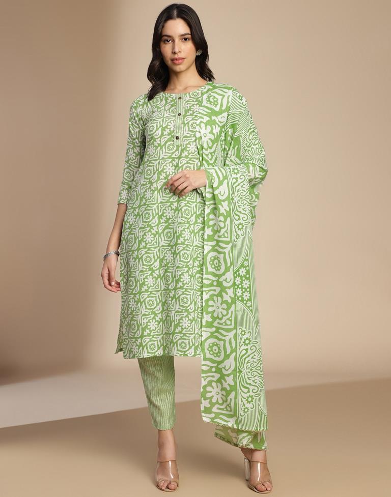 Green Printed Cotton Straight Kurta Set with Dupatta