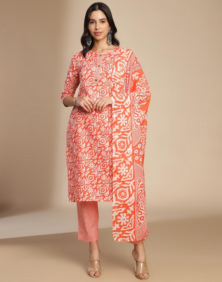 Orange Printed Cotton Straight Kurta Set with Dupatta