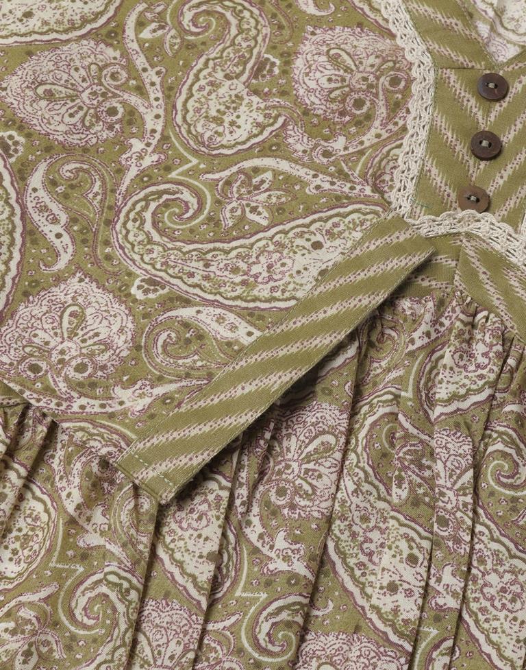 Olive Green Printed Cotton A-Line Kurta Set with Dupatta