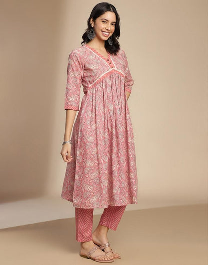 Pink Printed Cotton A-Line Kurta Set with Dupatta