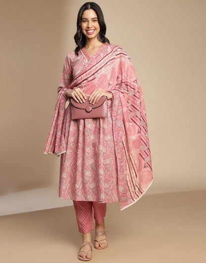 Pink Printed Cotton A-Line Kurta Set with Dupatta