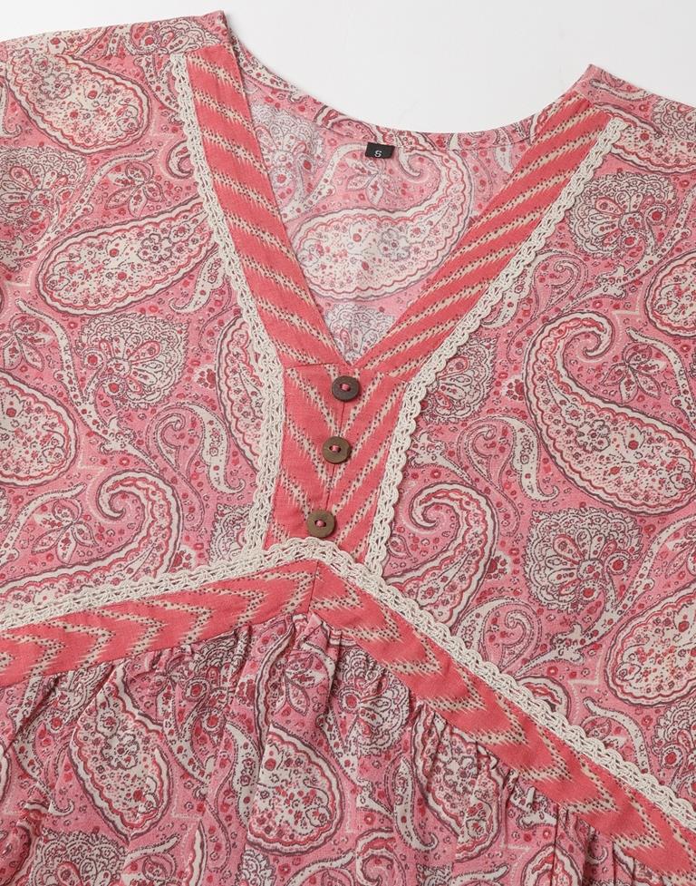 Pink Printed Cotton A-Line Kurta Set with Dupatta