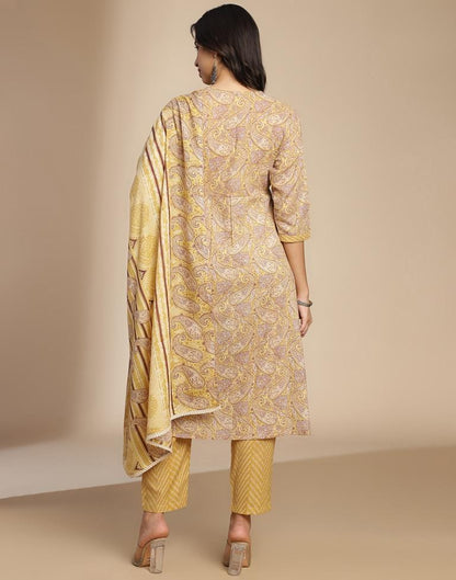 Yellow Printed Cotton A-Line Kurta Set with Dupatta