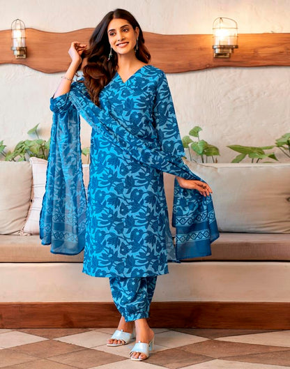 Blue Rayon Printed Kurta Set With Dupatta