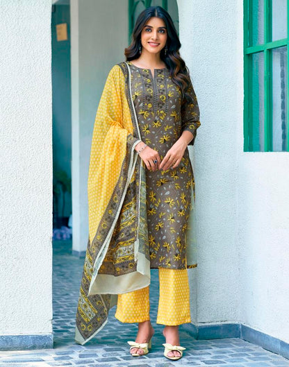 Brown Rayon Printed Kurta Set With Dupatta