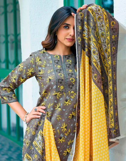 Brown Rayon Printed Kurta Set With Dupatta