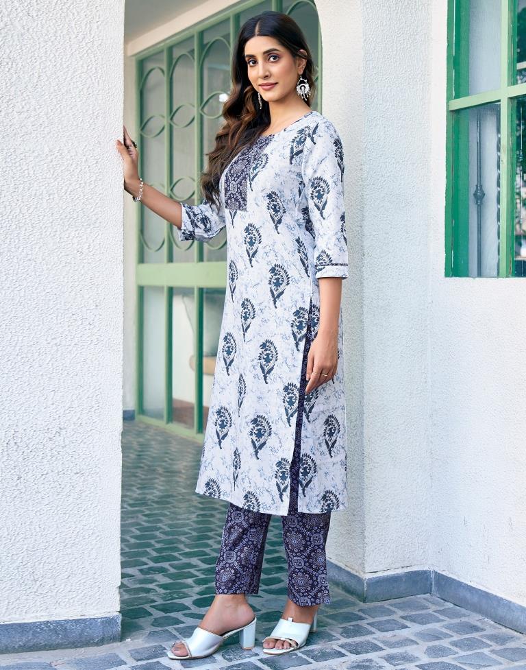 Blue Rayon Printed Kurta Set With Dupatta