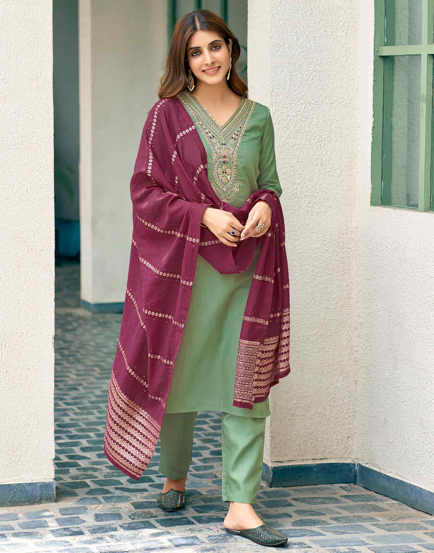 Pista Green Sequence Cotton Straight Kurta With Pant And Dupatta