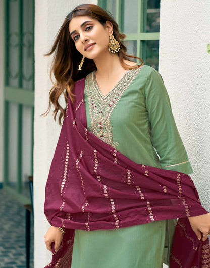 Pista Green Sequence Cotton Straight Kurta With Pant And Dupatta