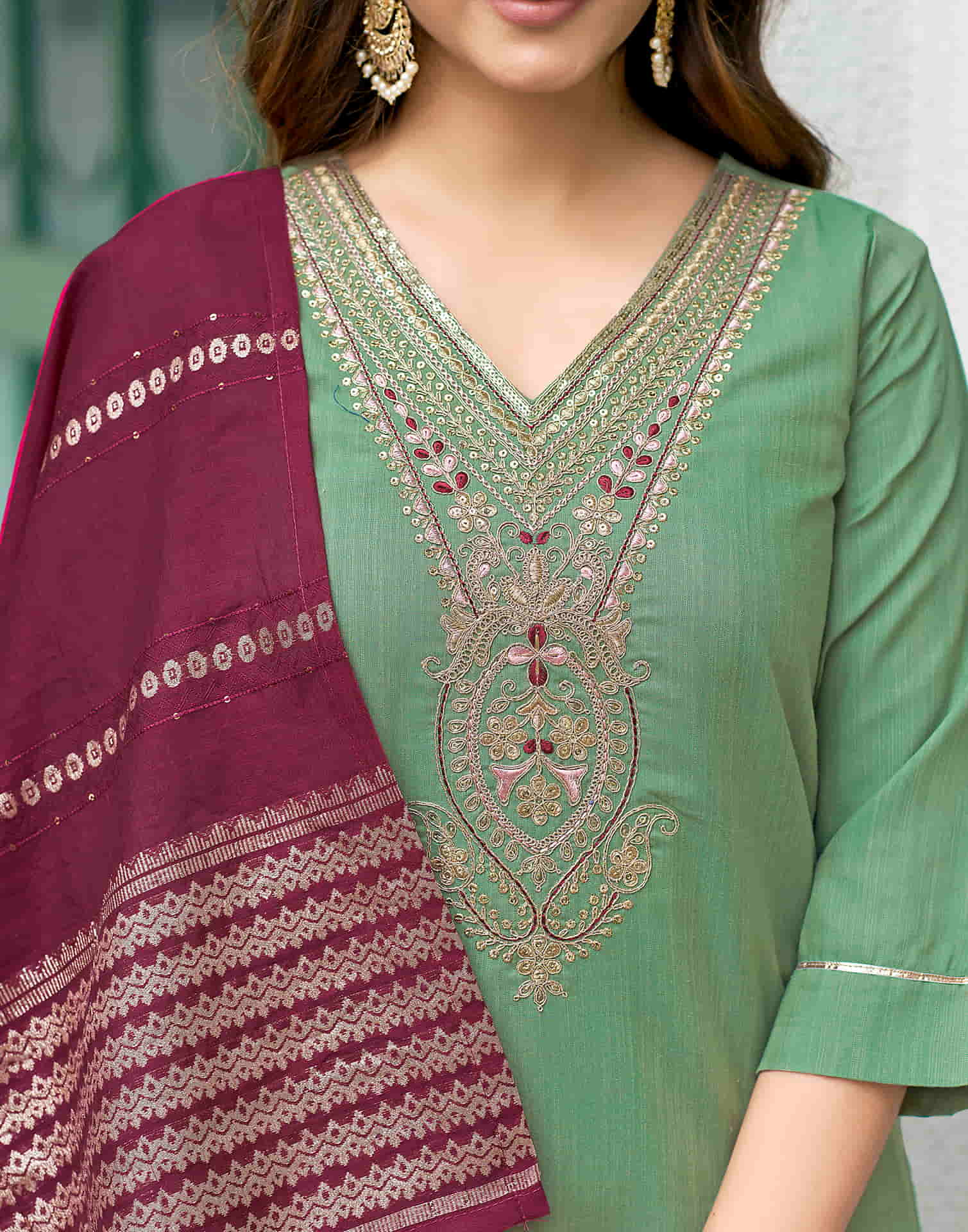 Pista Green Sequence Cotton Straight Kurta With Pant And Dupatta