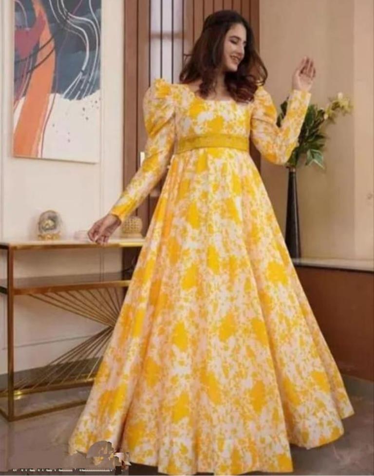 Buy Georgette Digital Print Gown for Women for Party, Ceremonry, Ethnic wear  (Small) Mustard (Yellow) at Amazon.in