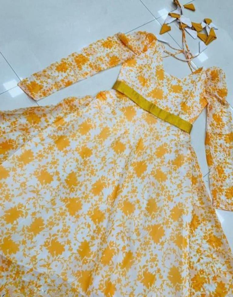 Yellow White Printed Georgette Ethnic Dress