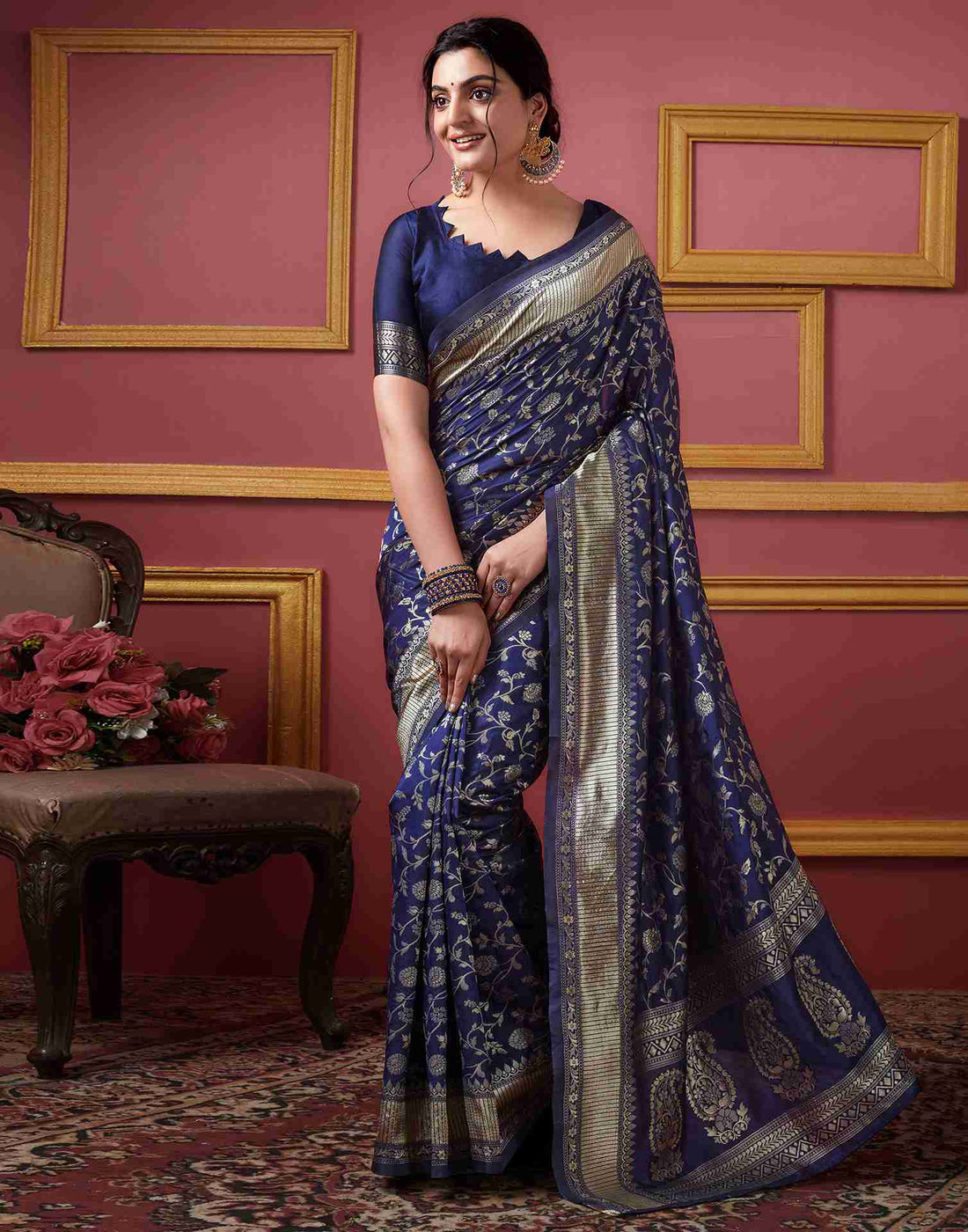 Navy Blue Silk Plain Saree