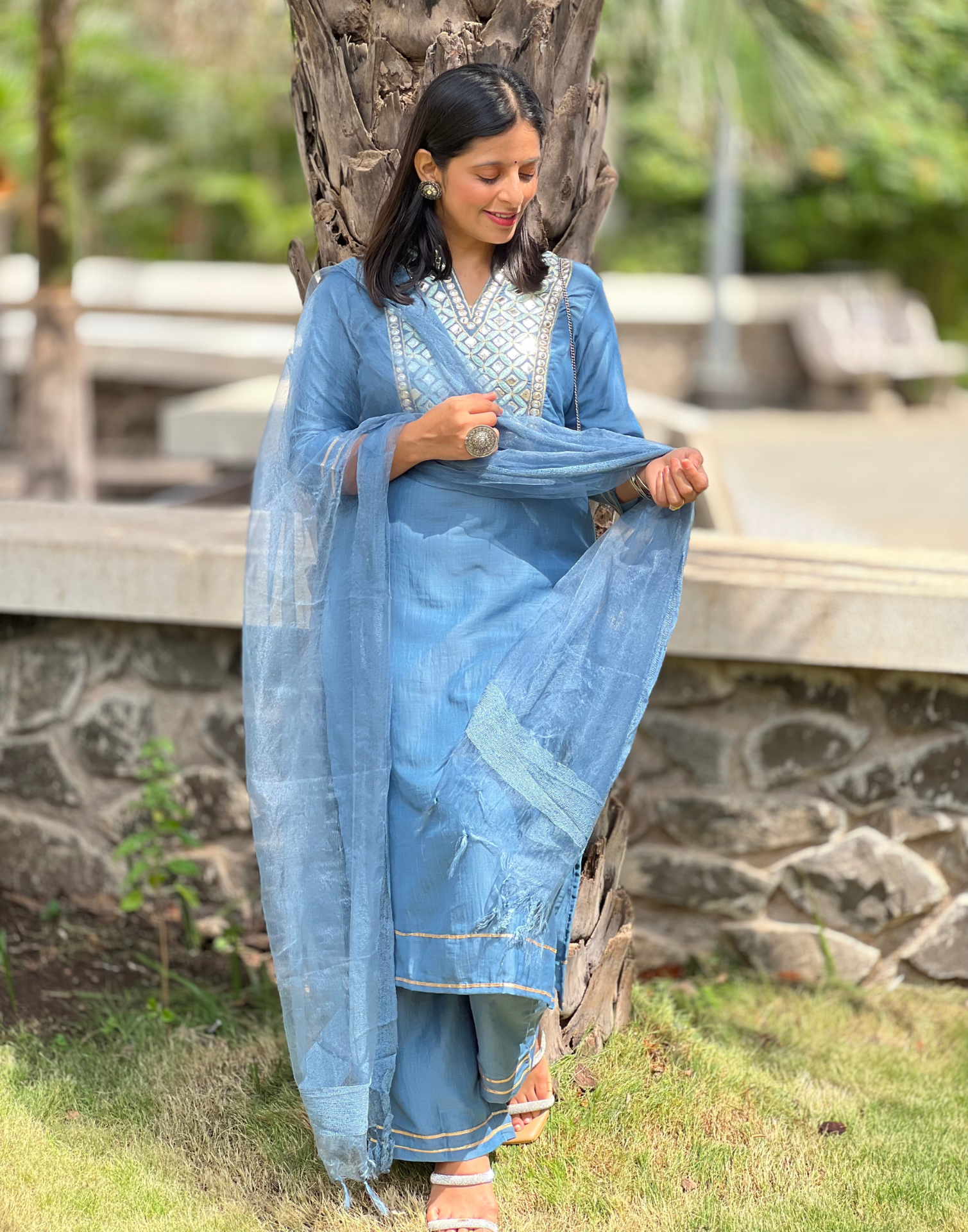 Steel Blue Kurti With Pant And Dupatta