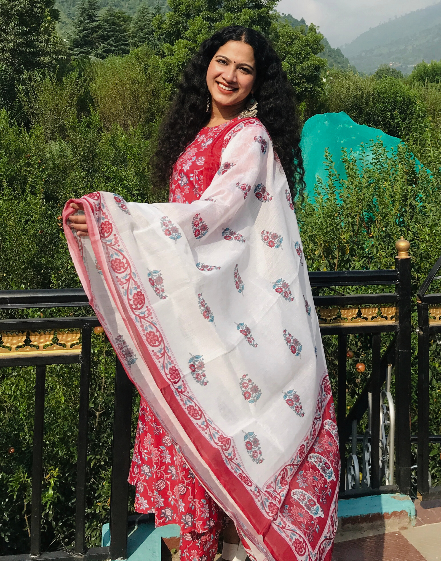 Red Printed Flared Kurta With Pant And Dupatta