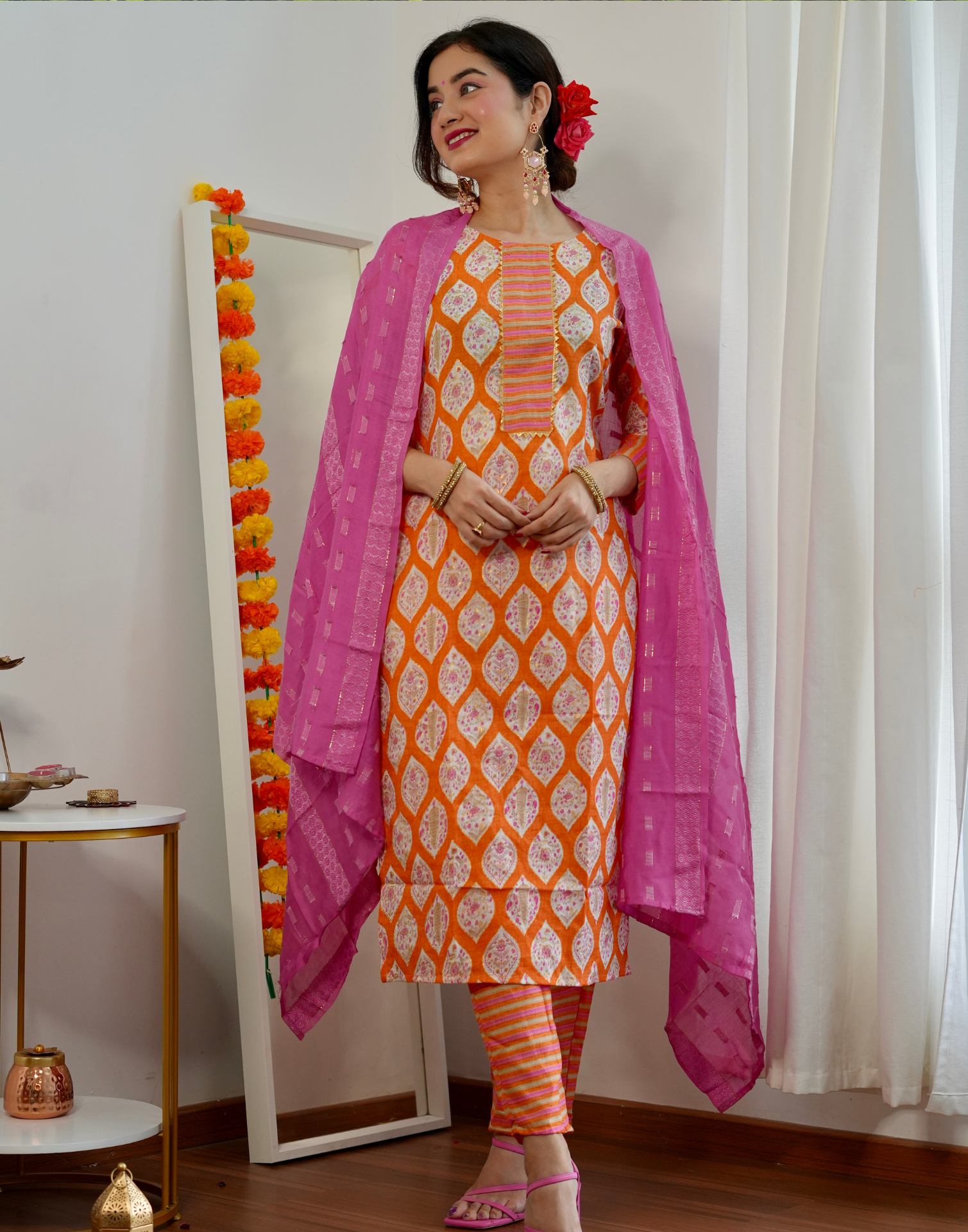 Premsetu Present Light Orange Heavy Kurti Pant With Dupatta Embroidery Work  On Wholesale Price