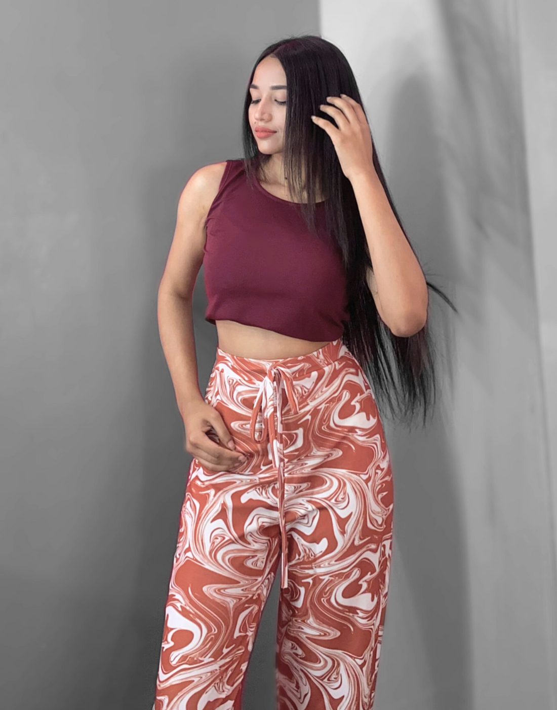 Maroon Tank Top With Printed Straight Fit Trouser | Leemboodi