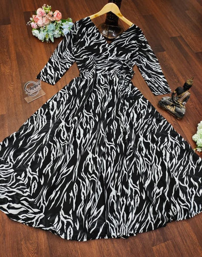 Black White Printed Georgette Ethnic Dress