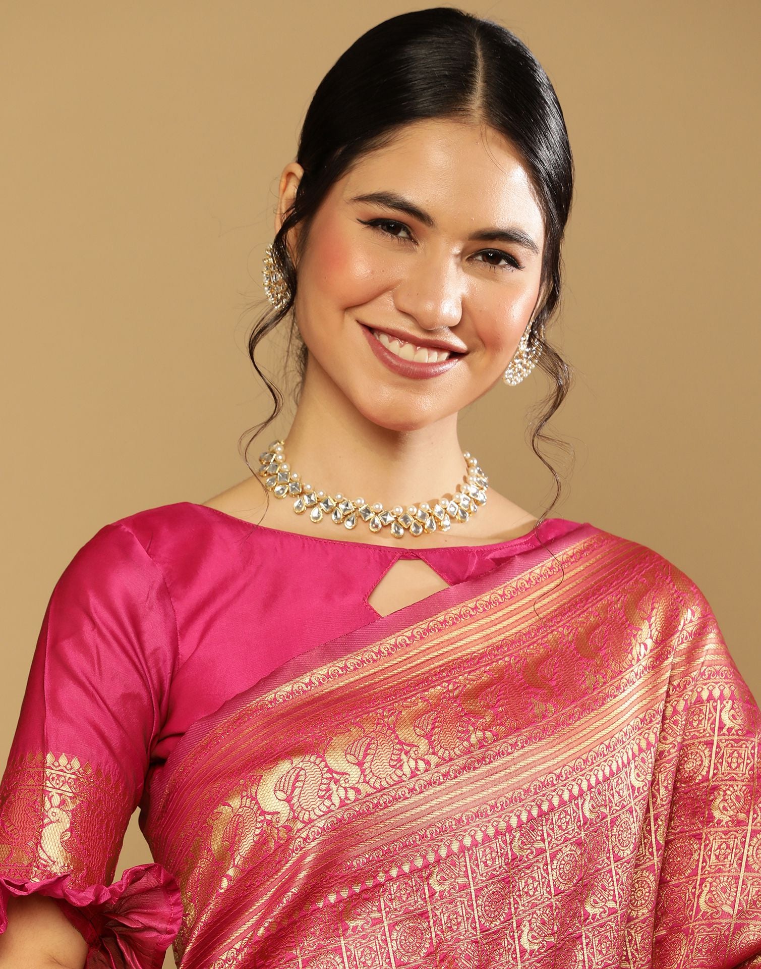 Hot Pink Kanjeevaram Saree with Copper Border