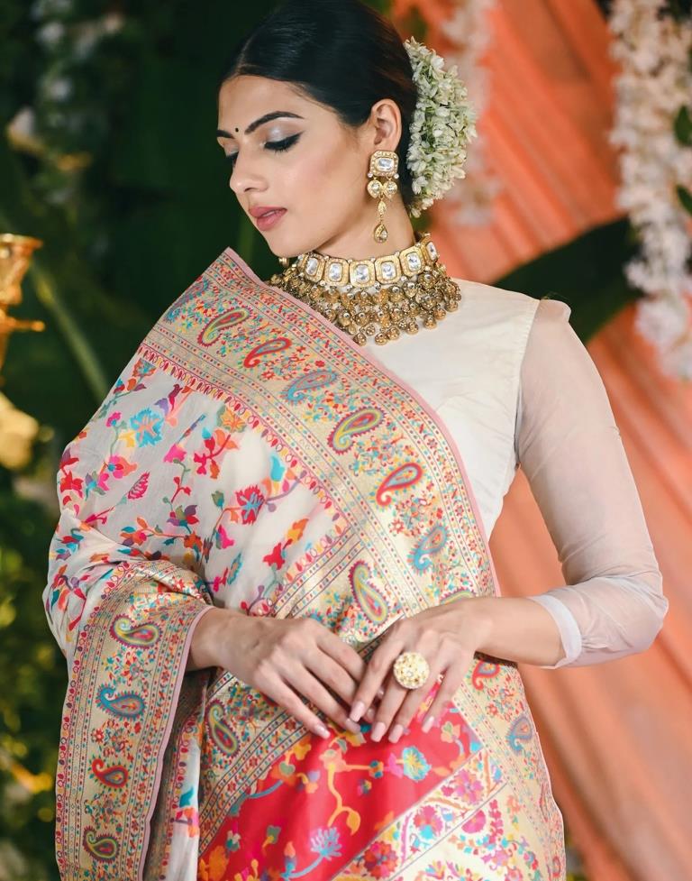 Light Yellow Woven Designer Kashmiri Saree And Blouse – Rushini