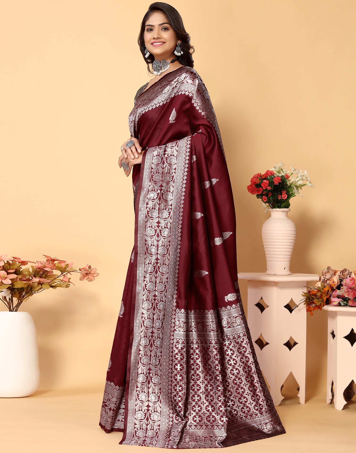 Dressfolk Chanderi Tissue Saree In Silver Orange and Maroon without Bl –  Nykaa Fashion