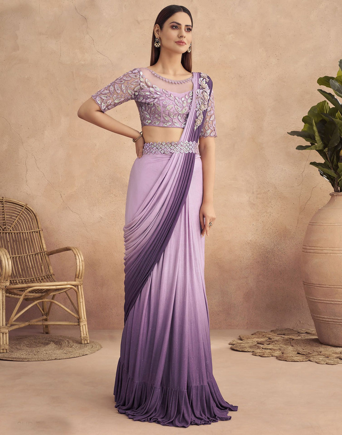 Purple Plain Pre-draped Saree With Belt | Leemboodi