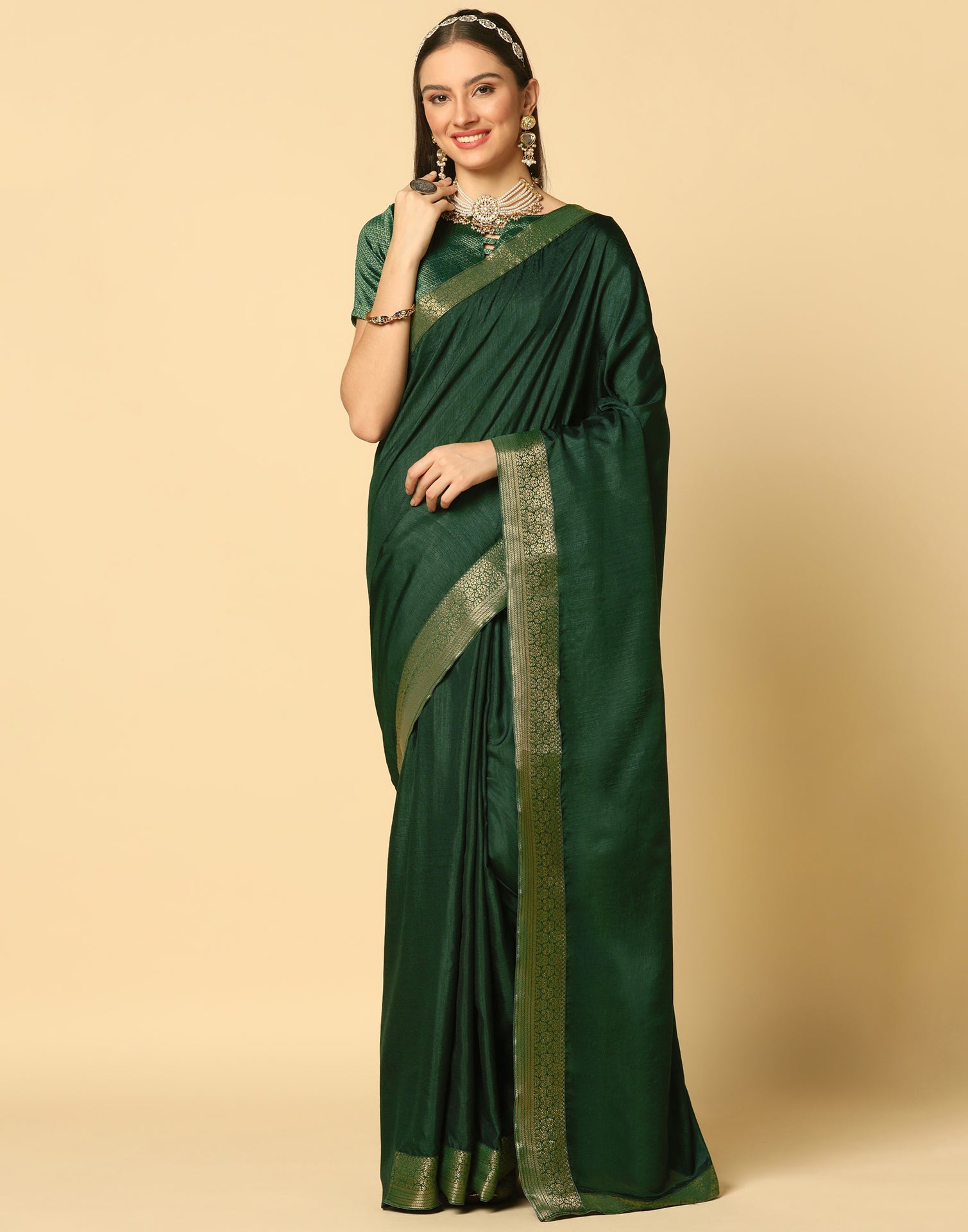 Silk cotton saree light green and blue with plain body and small zari –  Cherrypick