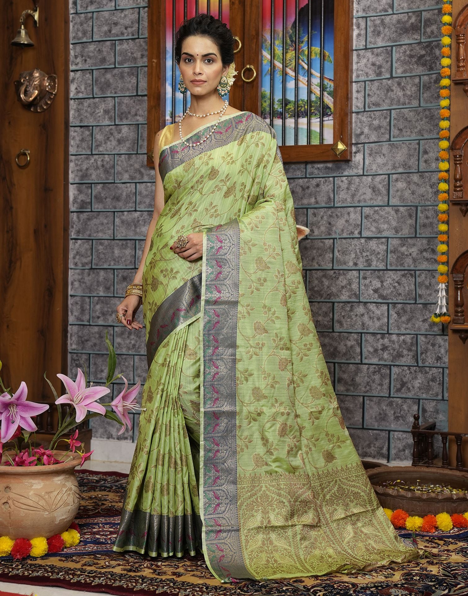 Pista Green Woven South Silk Saree – Zari Banaras