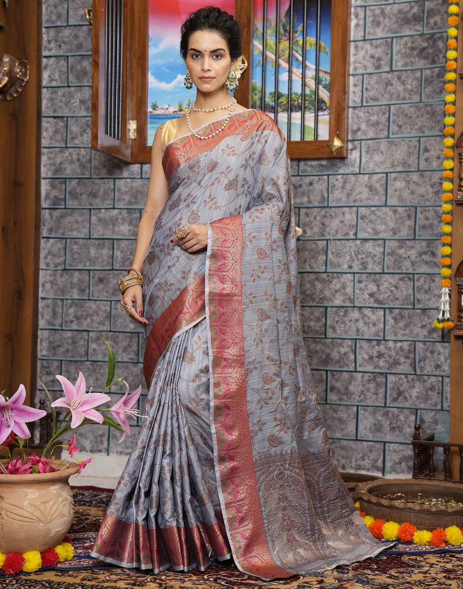 Grey Organza Saree With Brasso Work at Soch