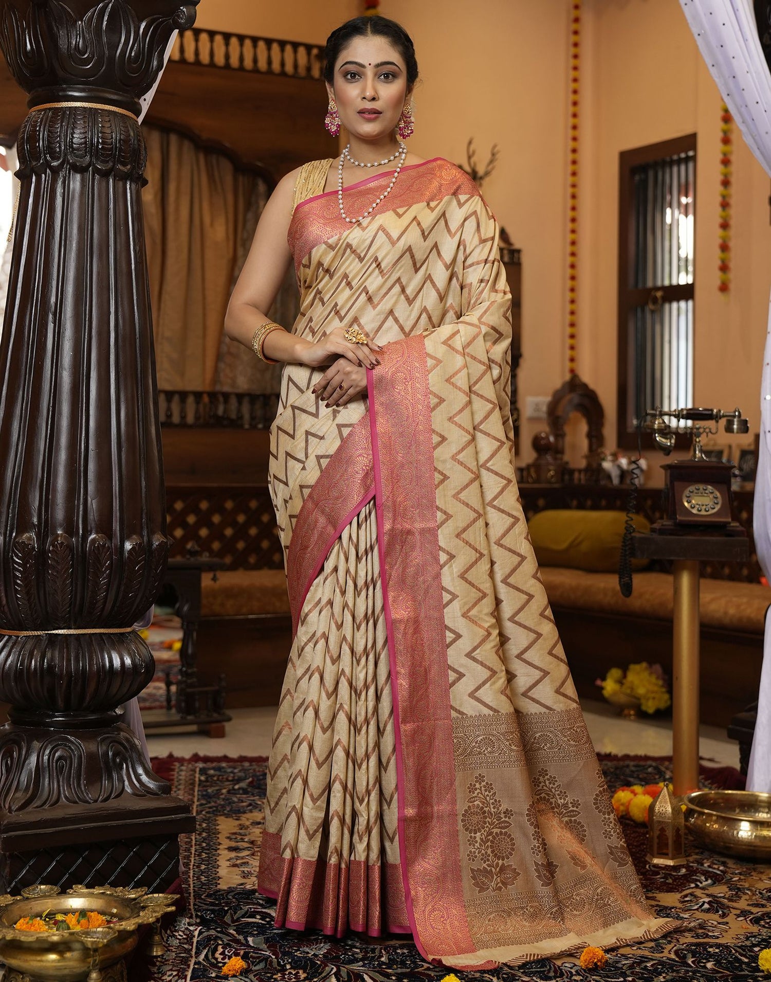 Cream Banarasi Silk Saree