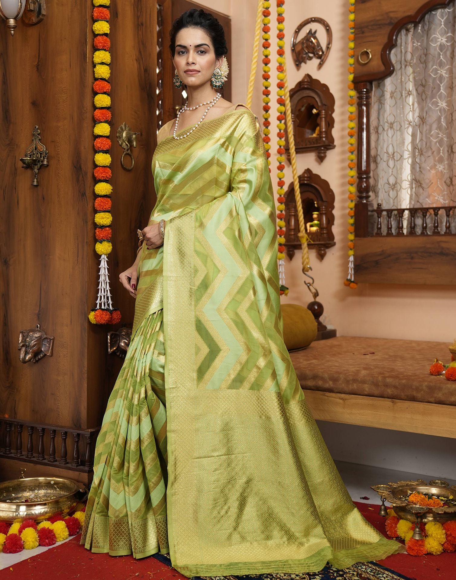 Light Bottle Green Banarasi Silk Saree With Beautiful Blouse – Bahuji -  Online Fashion & Lifestyle Store