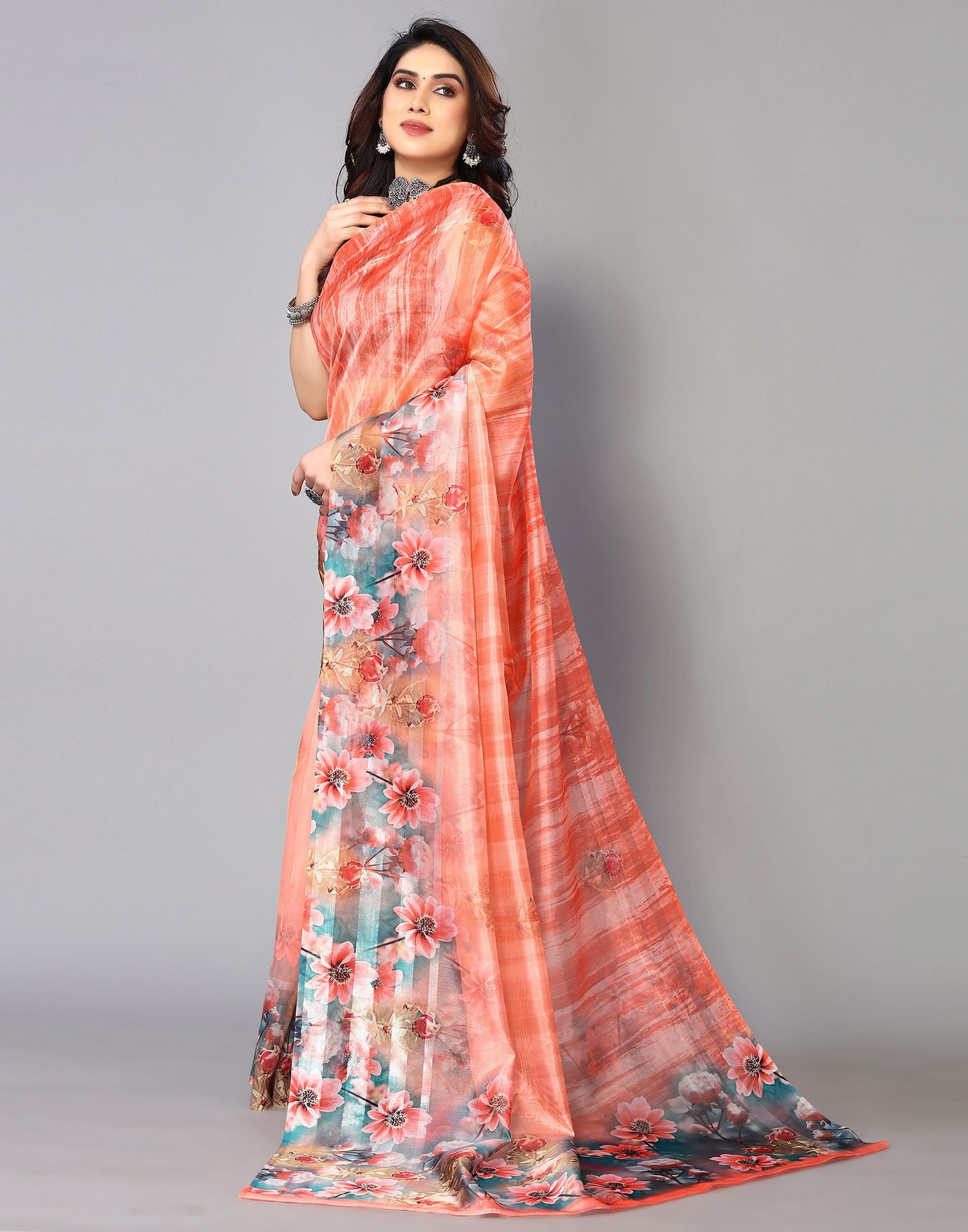 Light Orange Printed Silk Saree | Leemboodi