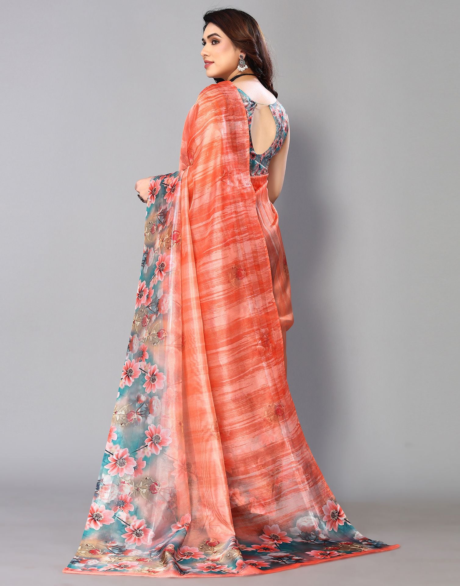 Light Orange Printed Silk Saree | Leemboodi