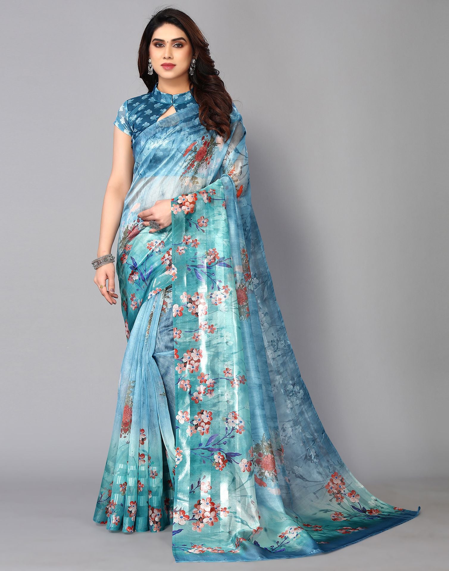 Light Blue Printed Silk Saree | Leemboodi