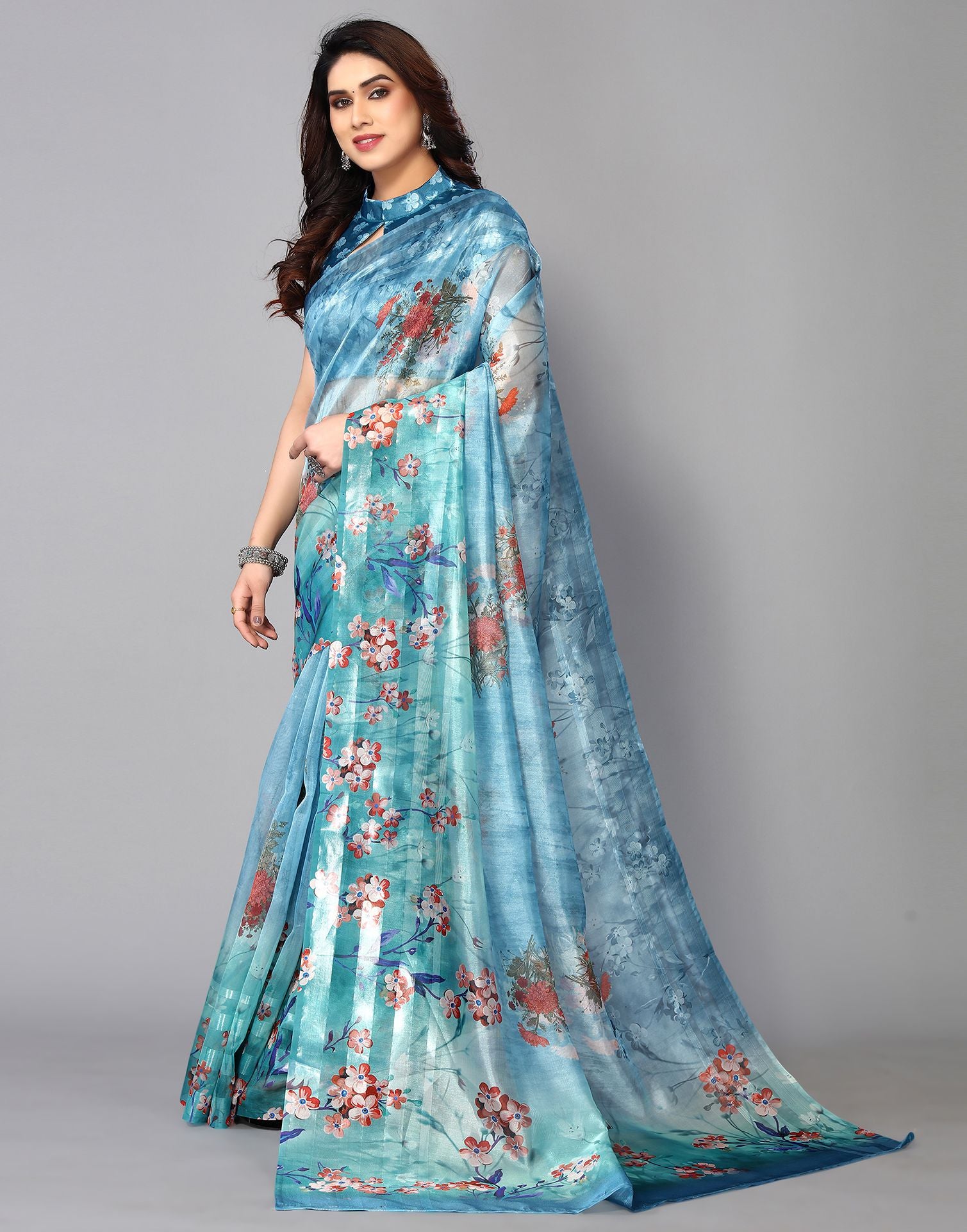 Light Blue Printed Silk Saree | Leemboodi